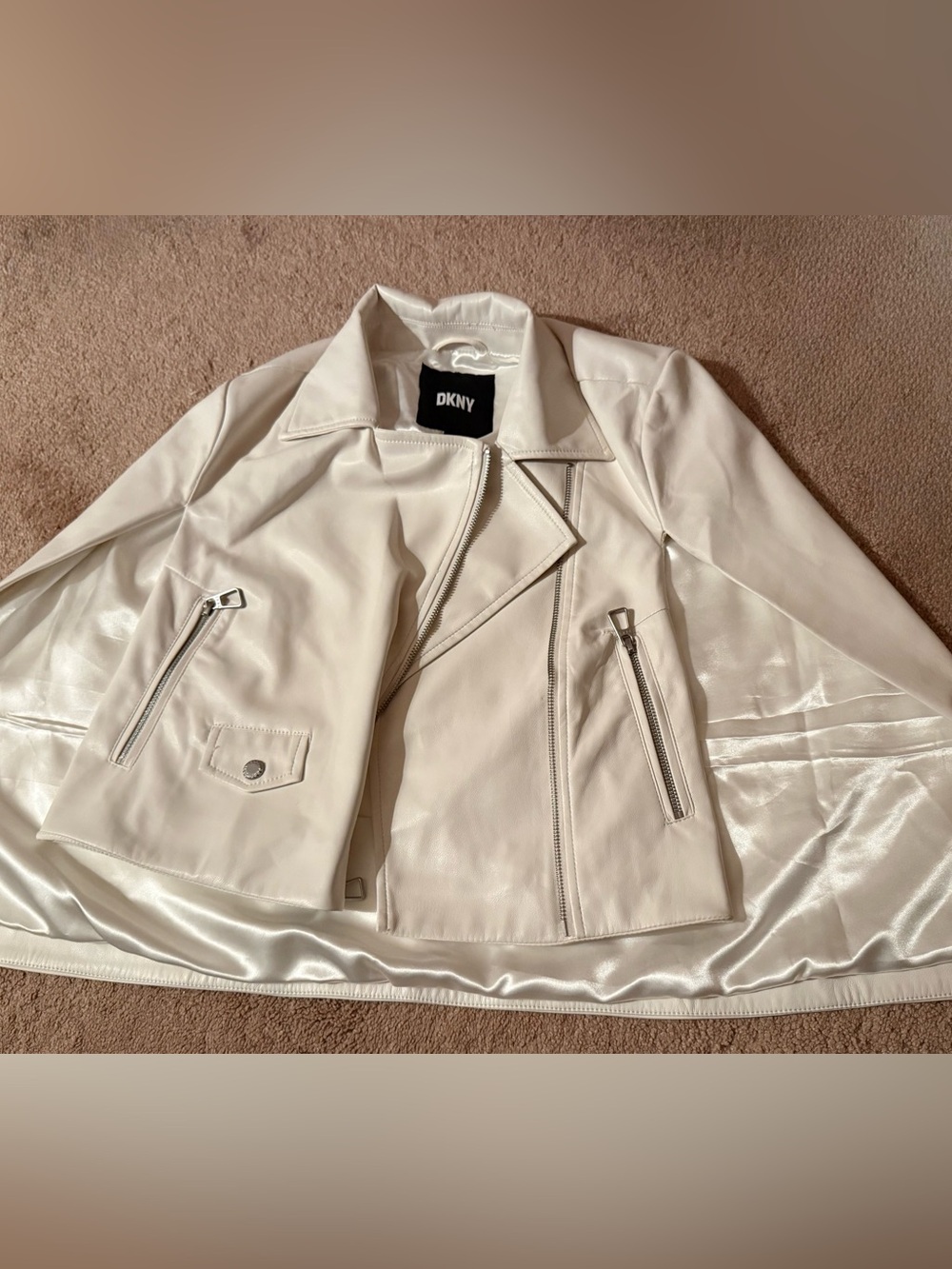 DKNY White Faux Leather Asymmetrical Zip Moto Jacket